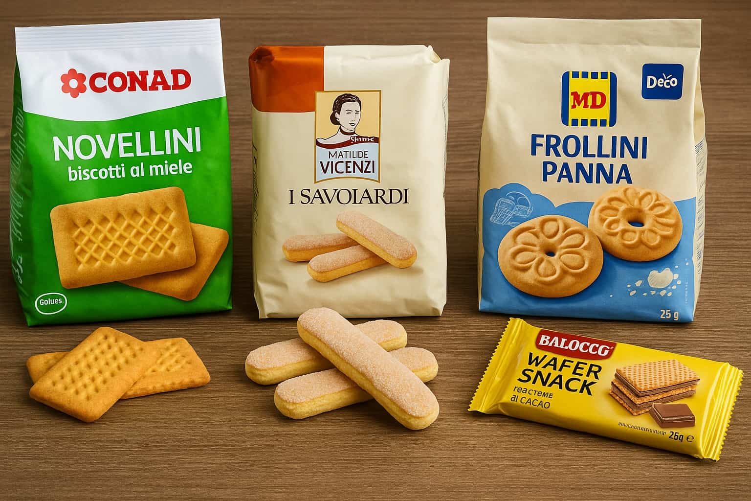 Confezioni di biscotti a marchio Conad, Eurospin e MD Discount disposte su un tavolo in legno con alcuni biscotti sfusi in primo piano