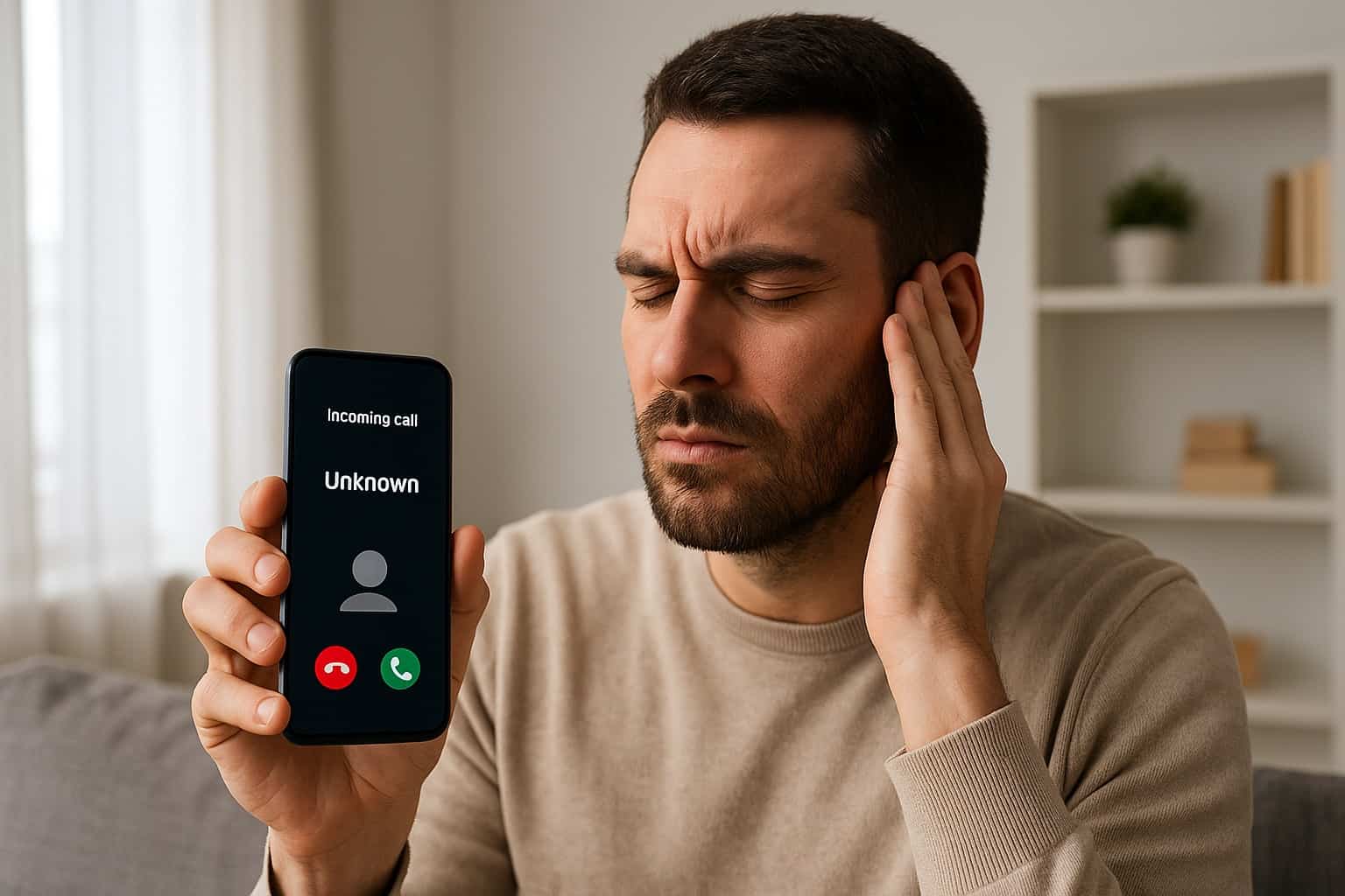 Uomo infastidito mostra sullo smartphone una chiamata da numero sconosciuto, simbolo delle telefonate moleste dei call center