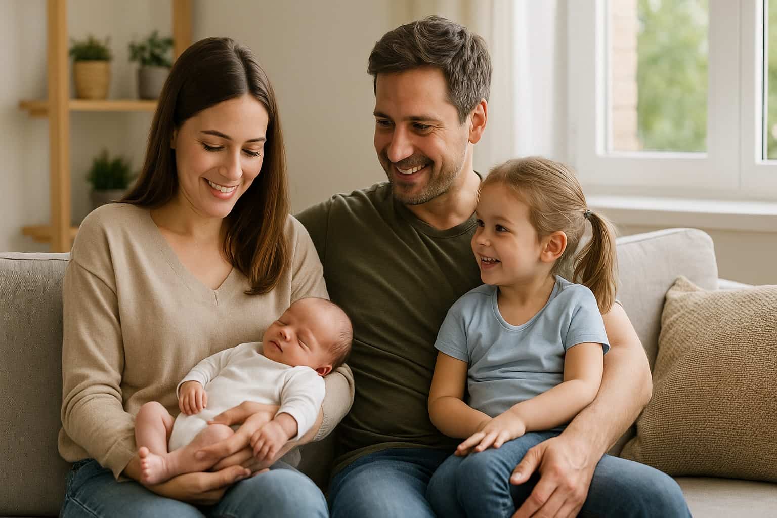 famiglia italiana felice seduta sul divano con neonata e bambina in un salotto luminoso