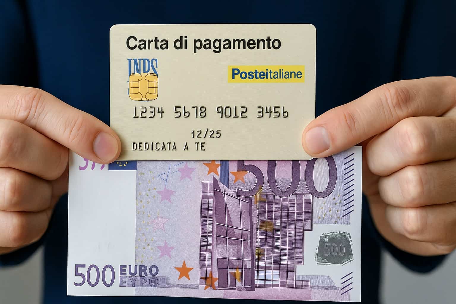 Carta spesa INPS da 500 euro con Postepay dedicata e banconota da 500 euro tenute in mano