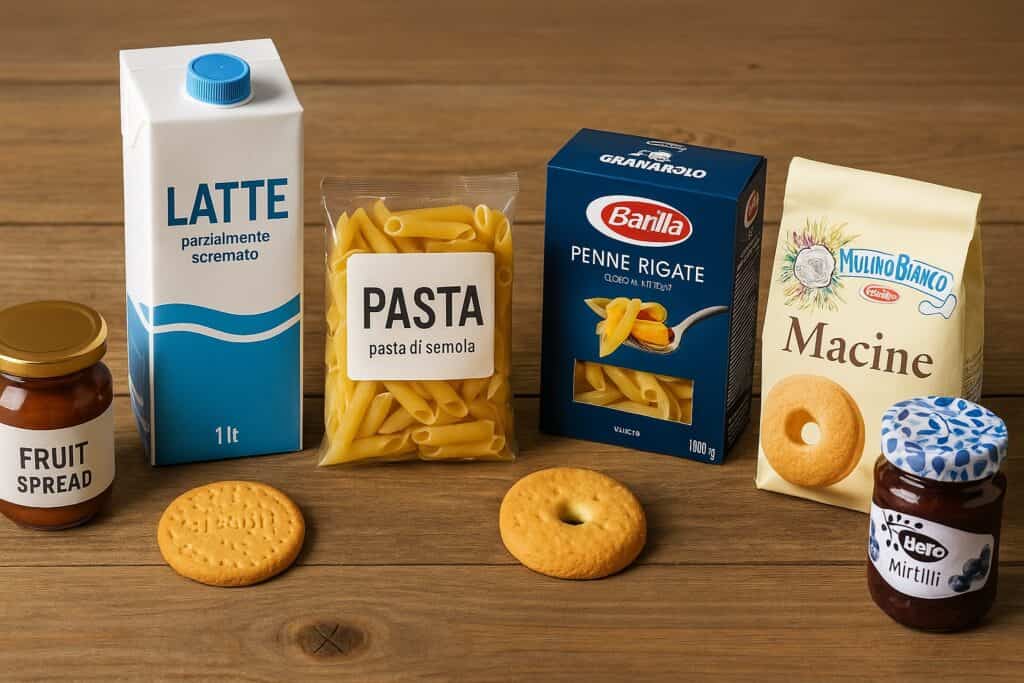 Confronto realistico tra prodotti discount e prodotti di marche famose disposti su un tavolo in legno: pasta, biscotti, latte e marmellata mostrati fianco a fianco per evidenziare le differenze negli ingredienti