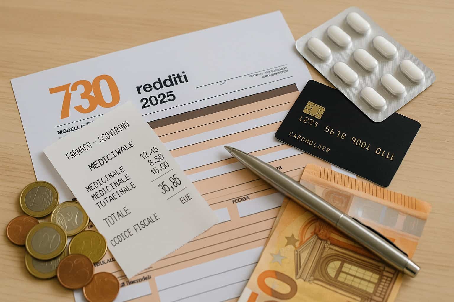 Modello 730 redditi 2025 su tavolo di legno con scontrino farmaceutico, blister di pillole, carta di credito, penna e banconote in euro