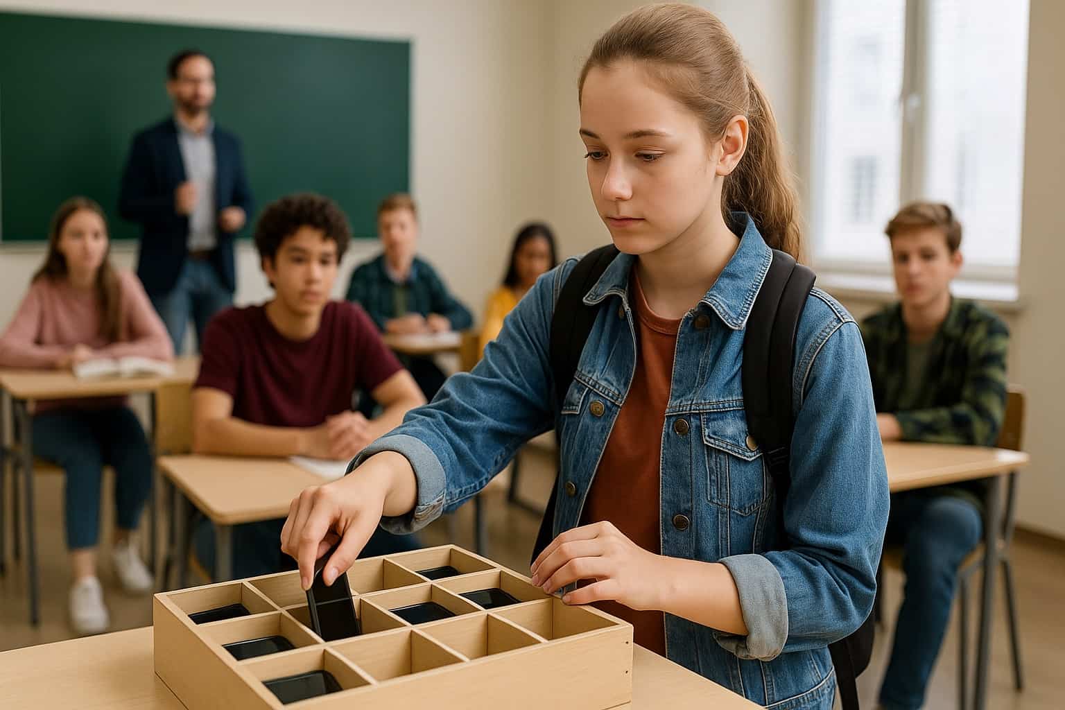 Studentessa ripone il cellulare in un contenitore di legno all’inizio della lezione in un’aula scolastica, mentre i compagni osservano e l’insegnante spiega alla lavagna
