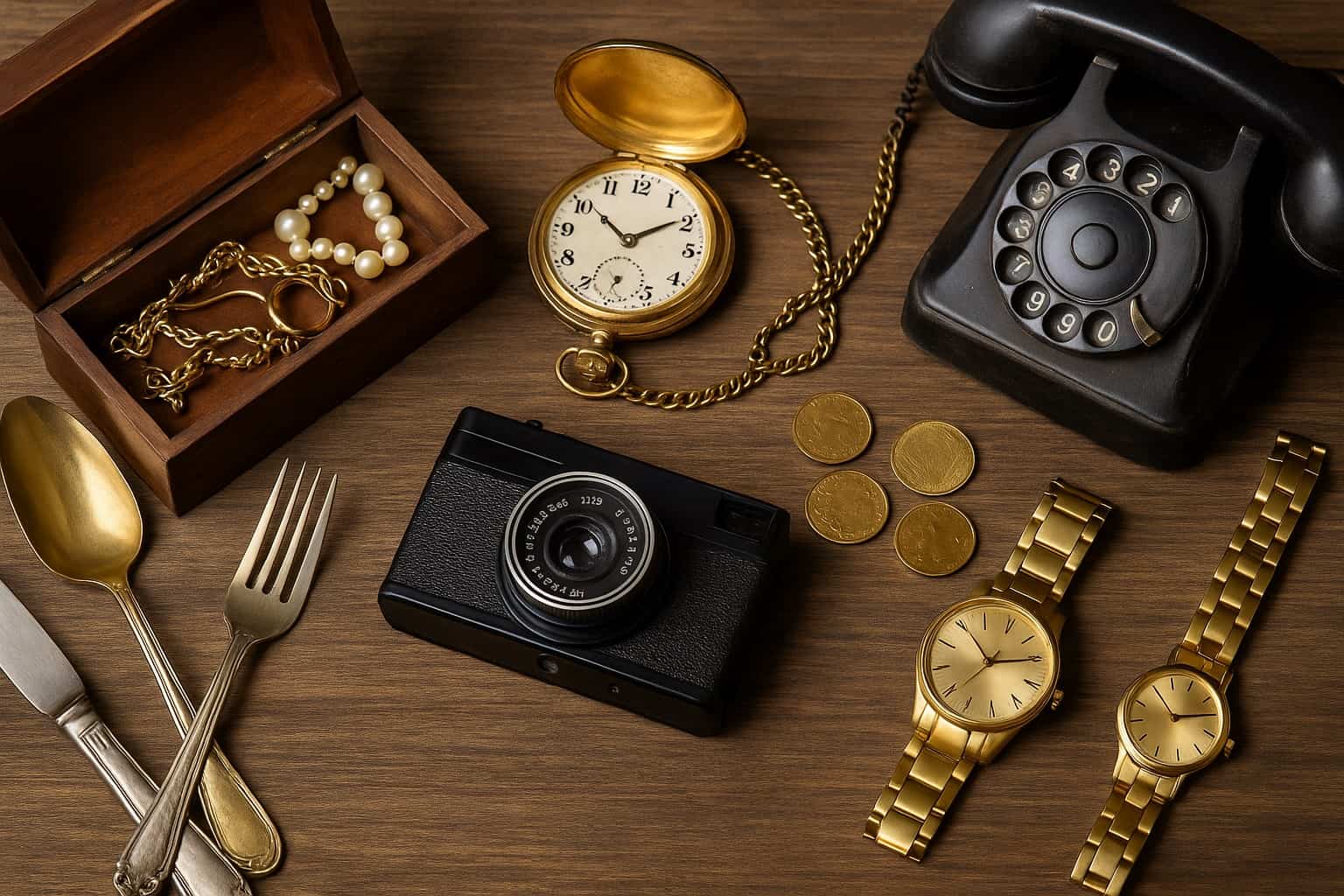 Tavolo di legno con oggetti comuni che possono contenere oro: orologi, collana, bracciale, monete, posate dorate, penna stilografica e vecchio telefono