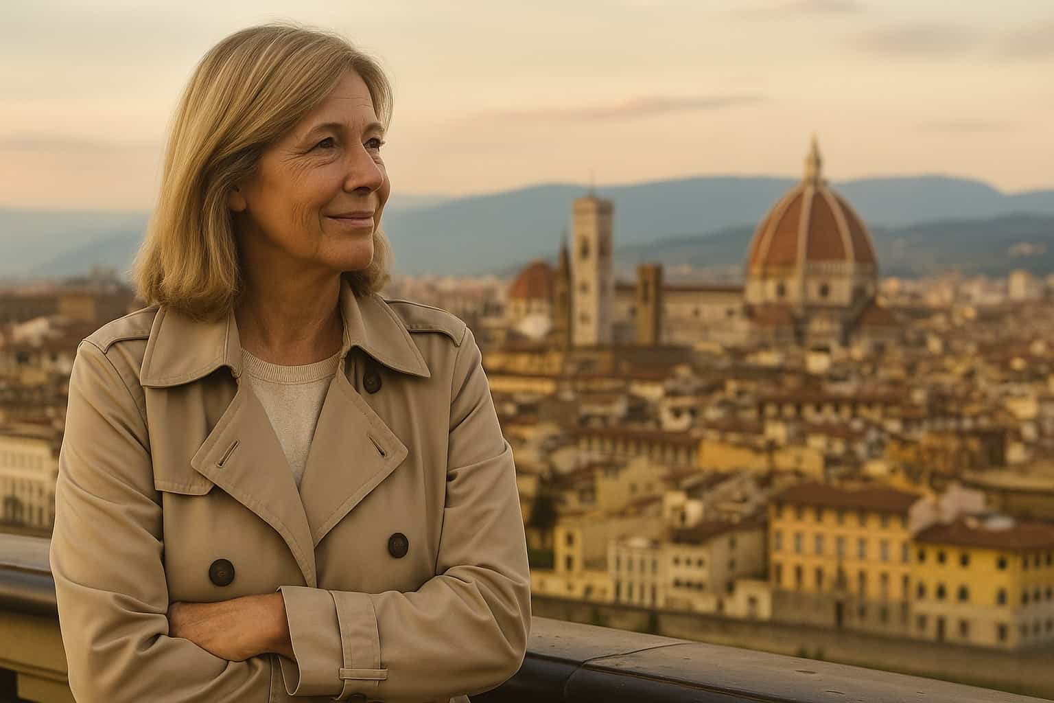 Donna matura sorride su una terrazza panoramica di Firenze con il Duomo sullo sfondo al tramonto.