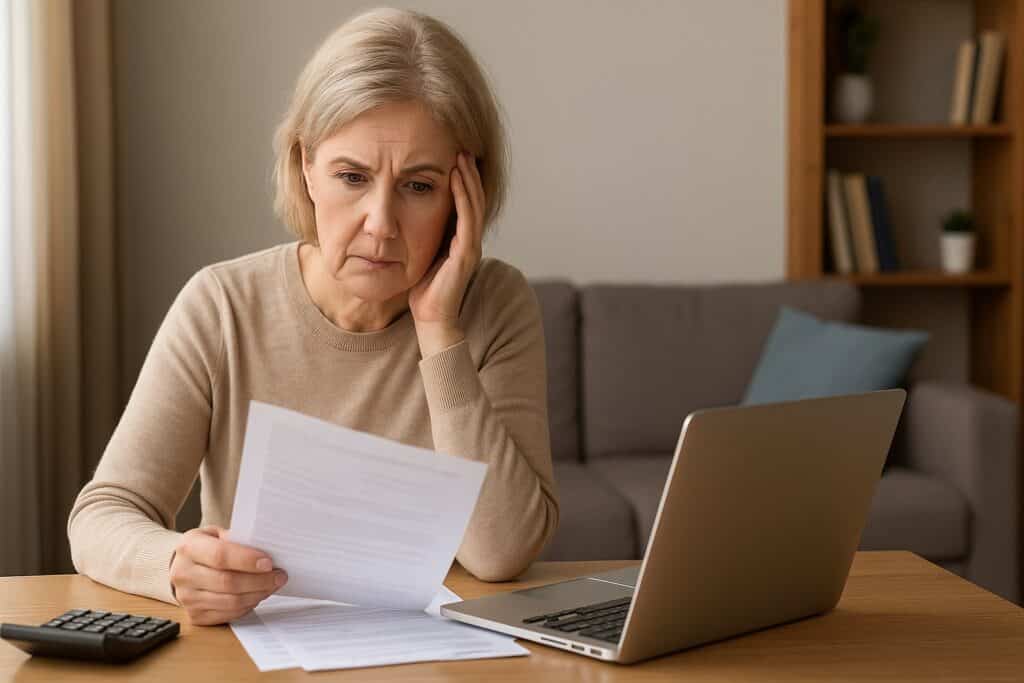 Donna matura seduta al tavolo di casa mentre controlla documenti e calcolatrice, con laptop aperto, simbolo di pianificazione pensionistica per casalinghe senza contributi