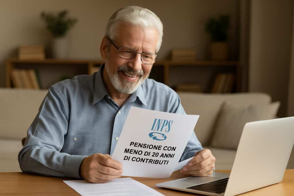 Pensione in Italia con meno di 20 anni di contributi: uomo anziano sorridente che consulta i documenti INPS a casa