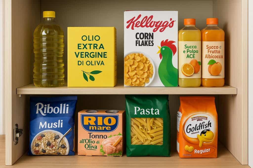Scaffale di cucina con prodotti discount e marche famose affiancati: olio, tonno, cereali, succhi di frutta e pasta mostrati insieme per evidenziare il confronto