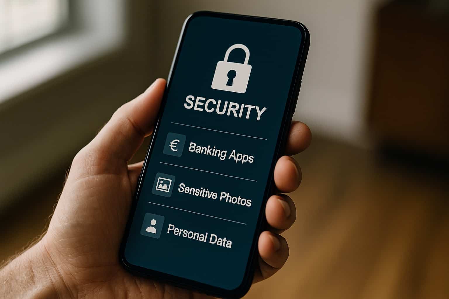 mano che tiene uno smartphone con schermata di sicurezza per proteggere app bancarie, foto sensibili e dati personali