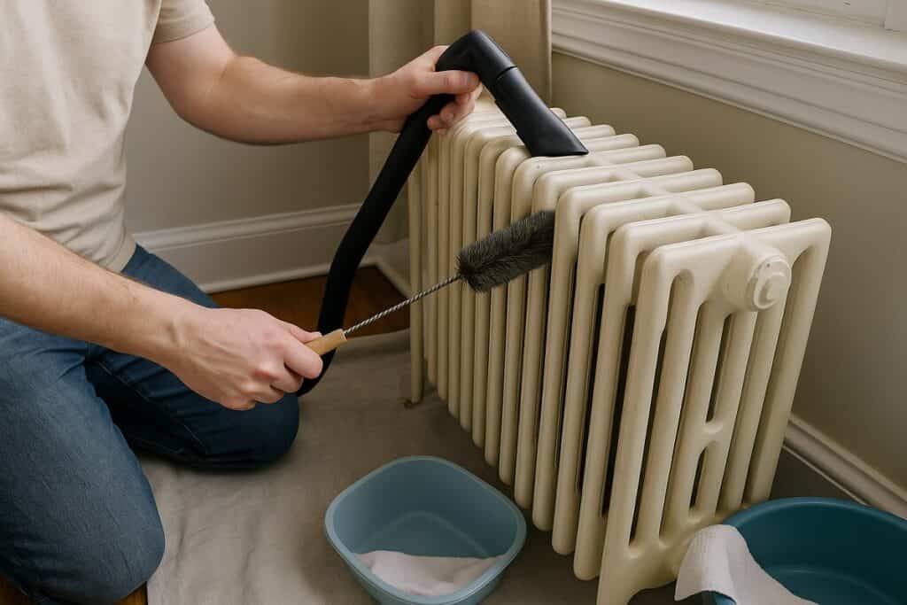 Persona che pulisce un termosifone in ghisa con una spazzola flessibile e aspirapolvere, su pavimento protetto da teli