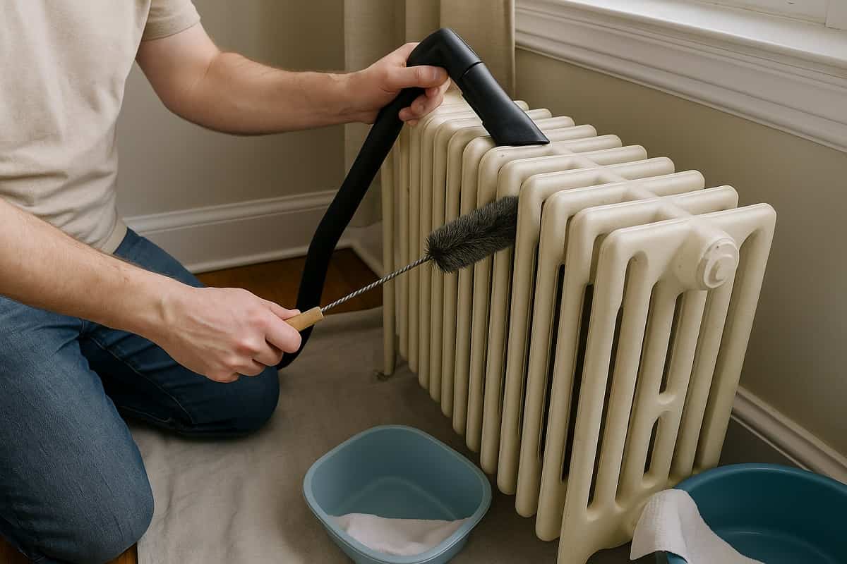 Persona che pulisce un termosifone in ghisa con una spazzola flessibile e aspirapolvere, su pavimento protetto da teli