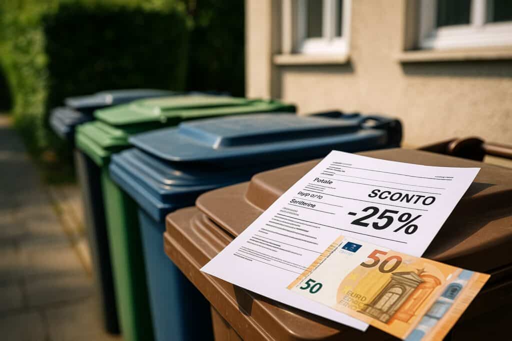 Contenitori per la raccolta differenziata con una bolletta e un biglietto da 50 euro, simbolo dello sconto del 25% sulla TARI previsto dal 2026