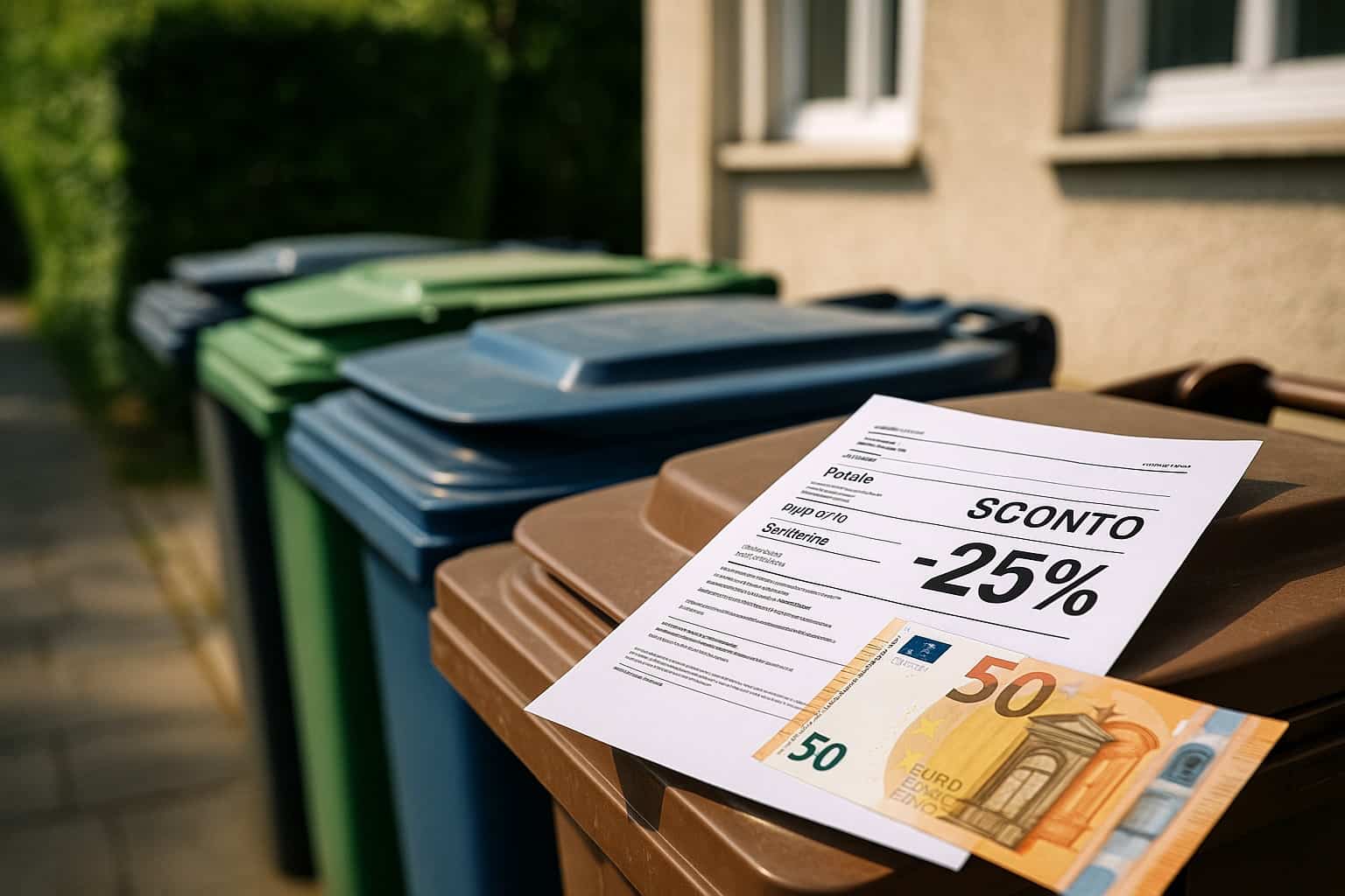 Contenitori per la raccolta differenziata con una bolletta e un biglietto da 50 euro, simbolo dello sconto del 25% sulla TARI previsto dal 2026
