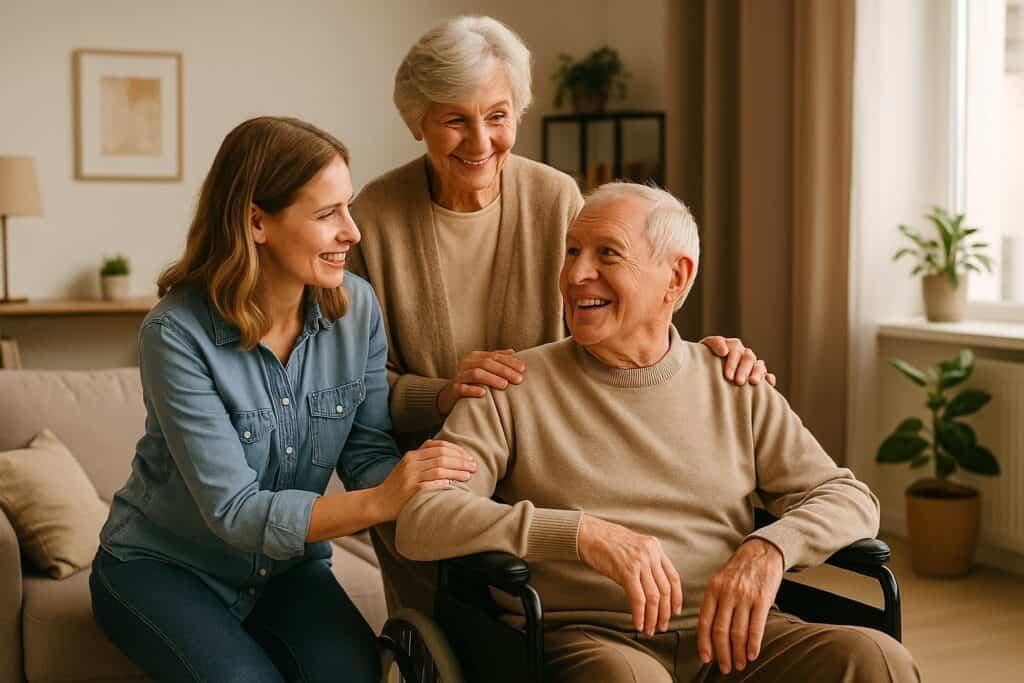 Famiglia che assiste una persona disabile in casa con un’aria serena e solidale, ambiente luminoso, atmosfera di aiuto e sostegno, simbolo delle agevolazioni della Legge 104 nel 2025