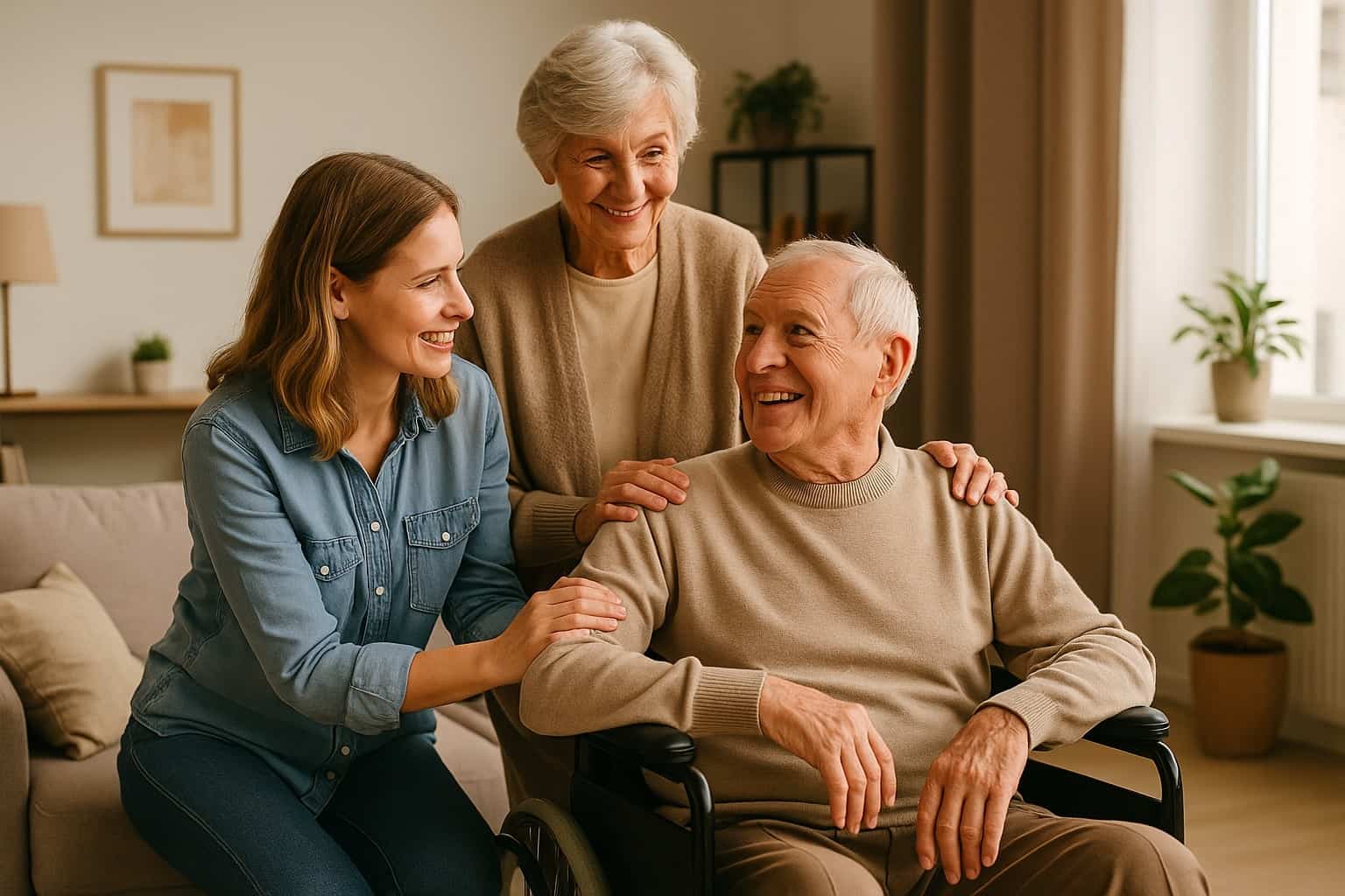Famiglia che assiste una persona disabile in casa con un’aria serena e solidale, ambiente luminoso, atmosfera di aiuto e sostegno, simbolo delle agevolazioni della Legge 104 nel 2025