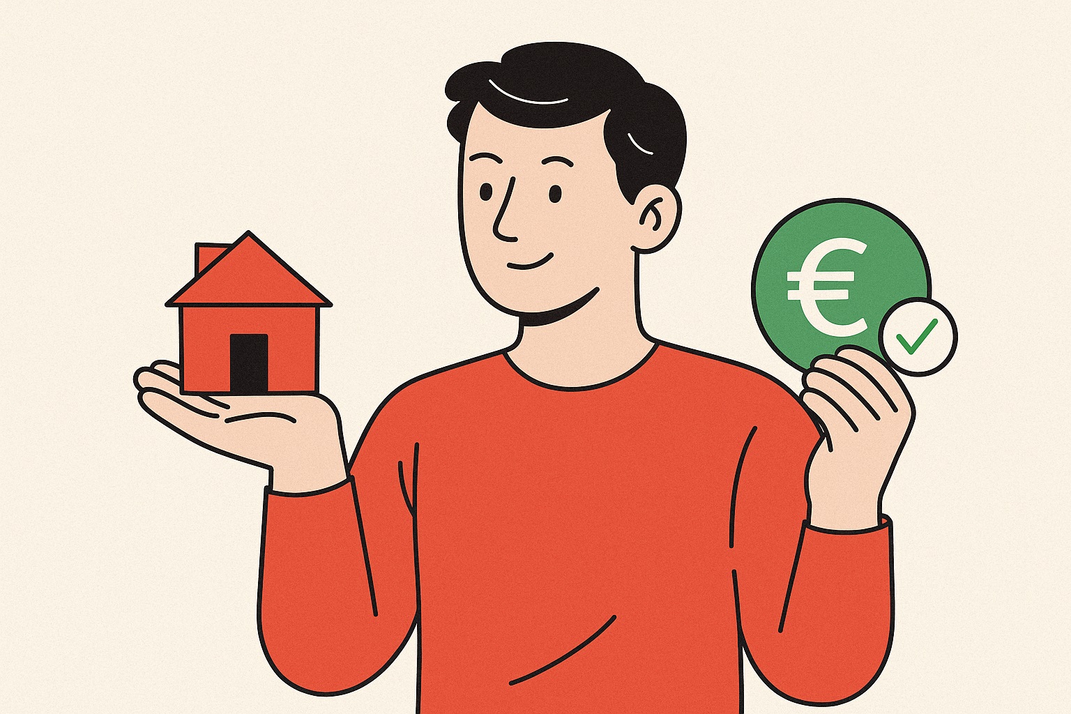uomo sorridente che tiene una piccola casa rossa su una mano e un simbolo euro verde con spunta sull’altra