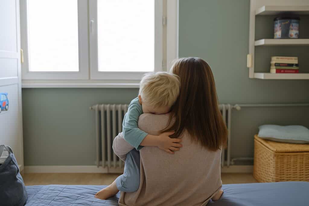 madre che abbraccia il proprio bambino in una stanza illuminata dalla luce naturale