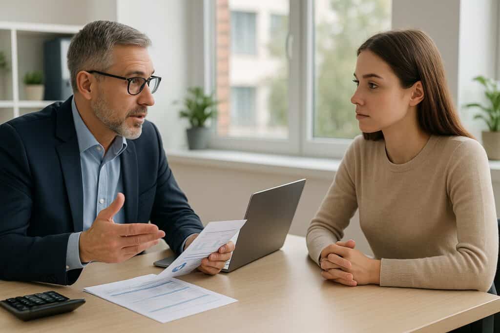 Un consulente fiscale e una giovane donna discutono in ufficio davanti a un computer e documenti, in un ambiente luminoso e moderno