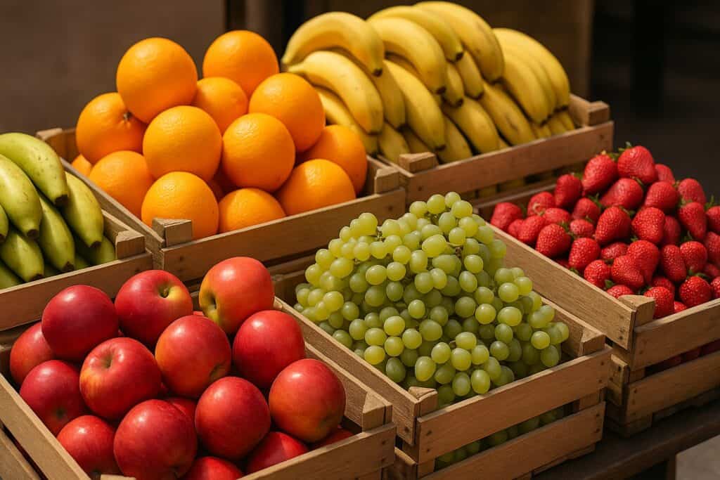 Ceste di frutta fresca in esposizione al mercato, con mele, uva, banane, fragole e arance