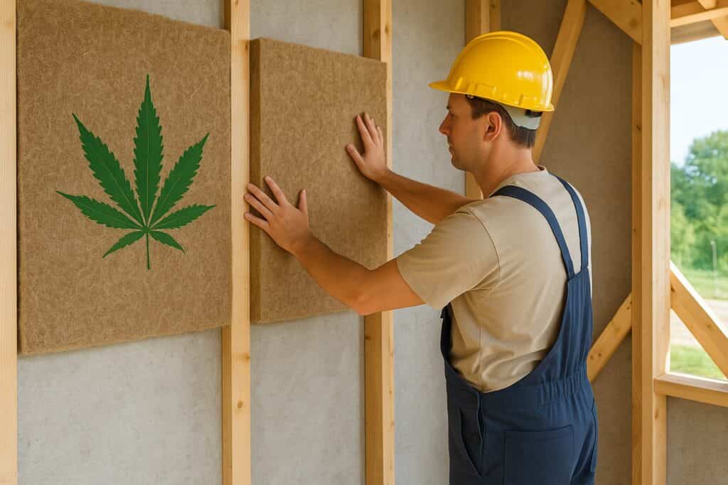 tecnico installa pannelli isolanti in fibra di canapa su parete interna di casa
