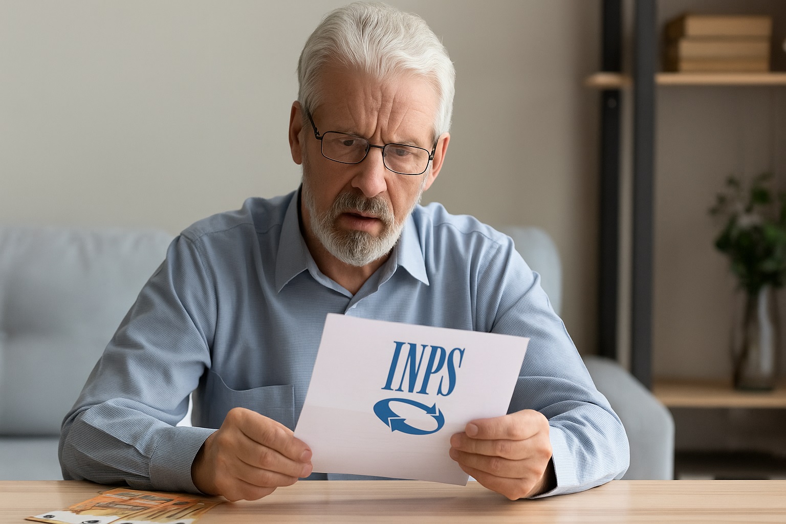 Anziano che legge una lettera INPS con banconote sul tavolo, simbolo della pensione ottenuta con soli 5 anni di contributi a 71 anni