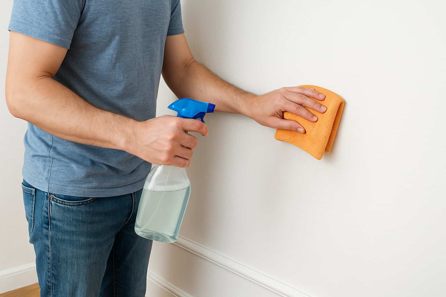 Persona che pulisce una parete bianca con un panno in microfibra e uno spray, per far tornare i muri come nuovi senza imbiancare