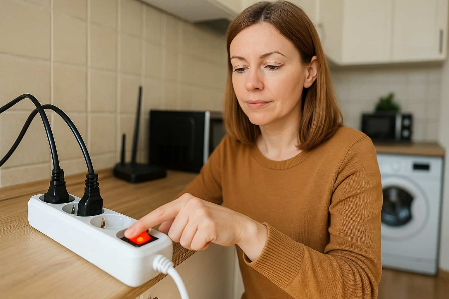Donna spegne ciabatta elettrica per risparmiare sulla bolletta, con elettrodomestici sullo sfondo