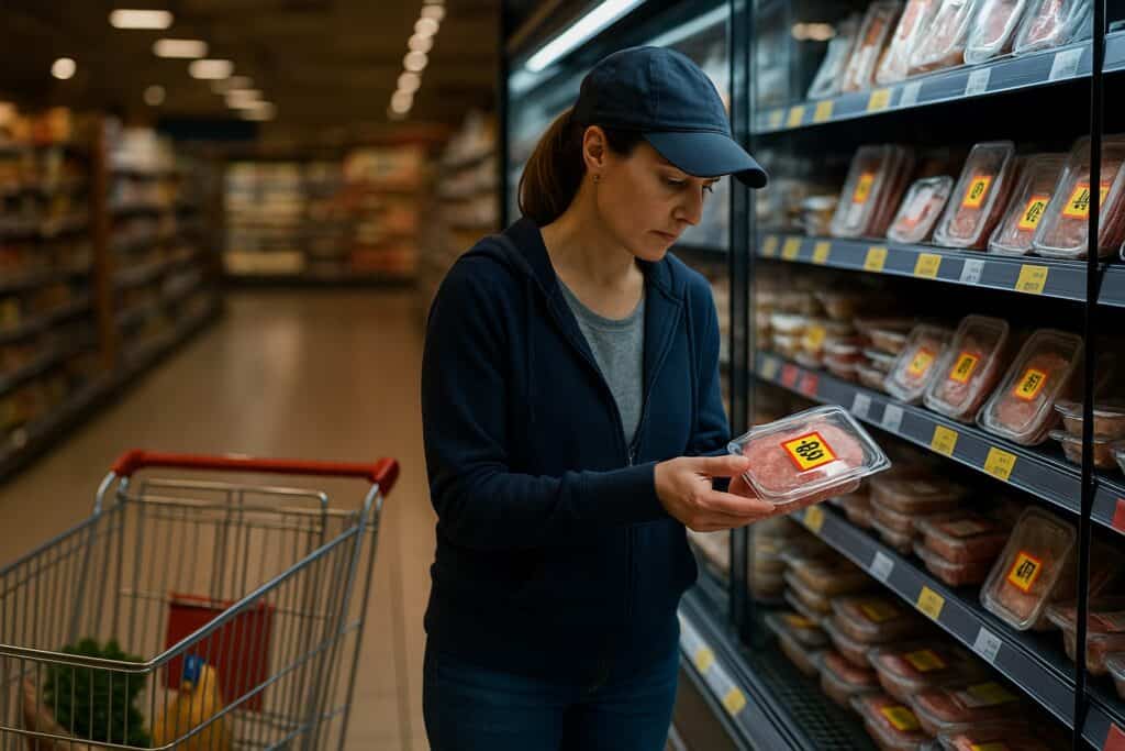 Donna al supermercato in orario serale controlla etichette sconto su prodotti freschi vicino alla scadenza