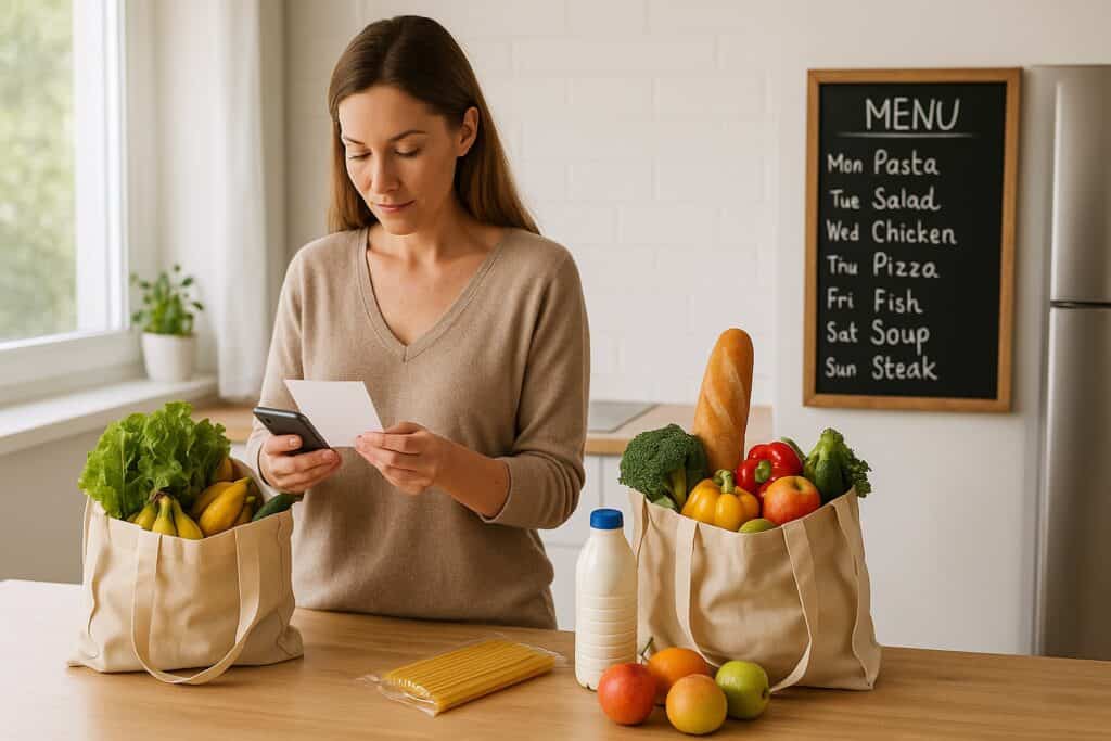 Donna in cucina controlla la lista della spesa accanto a sacchetti pieni di prodotti freschi e una lavagna con il menù settimanale