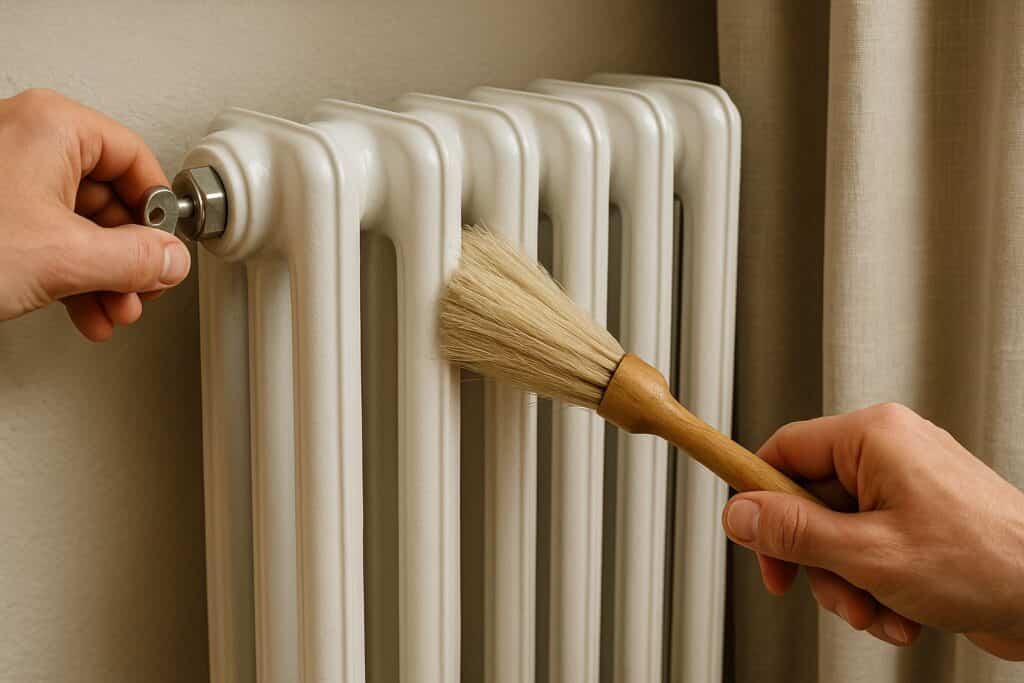 Mani che sfiatano e puliscono un termosifone per migliorarne l’efficienza in casa