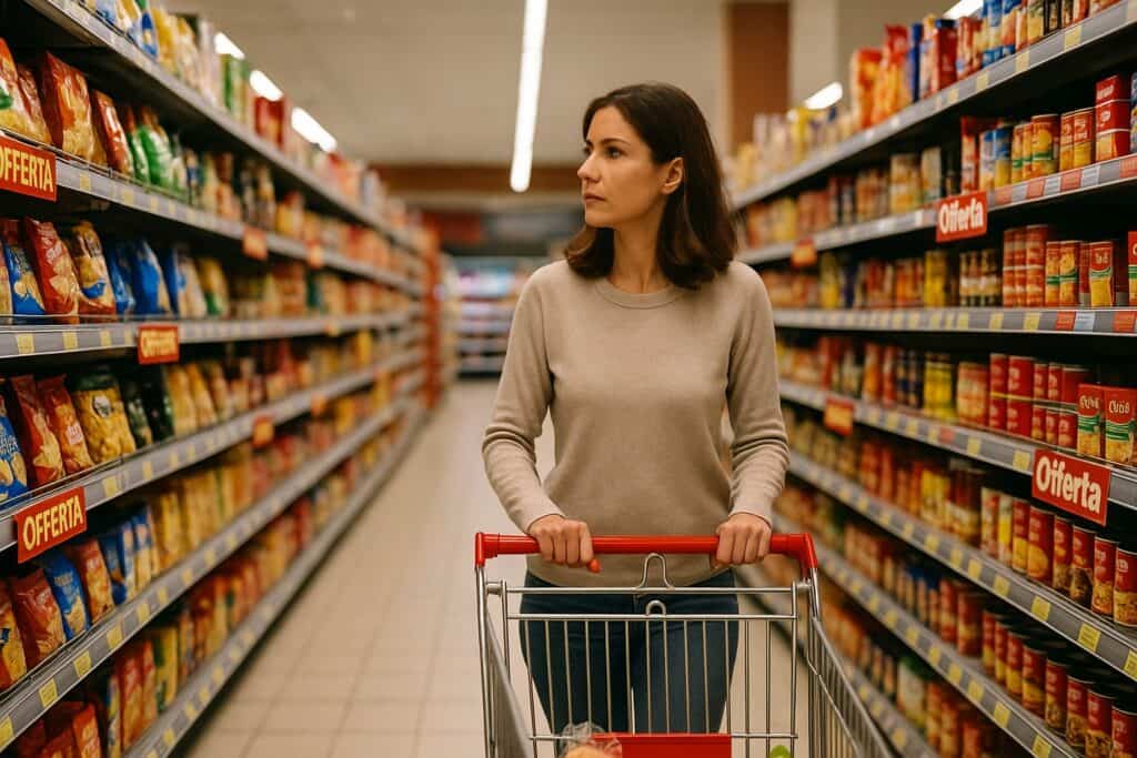 Donna spinge carrello tra gli scaffali del supermercato osservando prodotti all’altezza degli occhi, circondata da offerte colorate