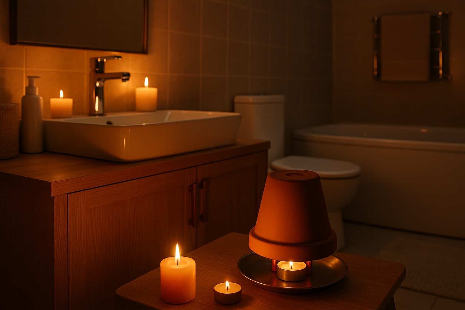 bagno moderno e accogliente con luce calda, candele accese e un vaso di terracotta su un piattino di metallo che diffonde calore naturale, ambiente invernale rilassante e realistico