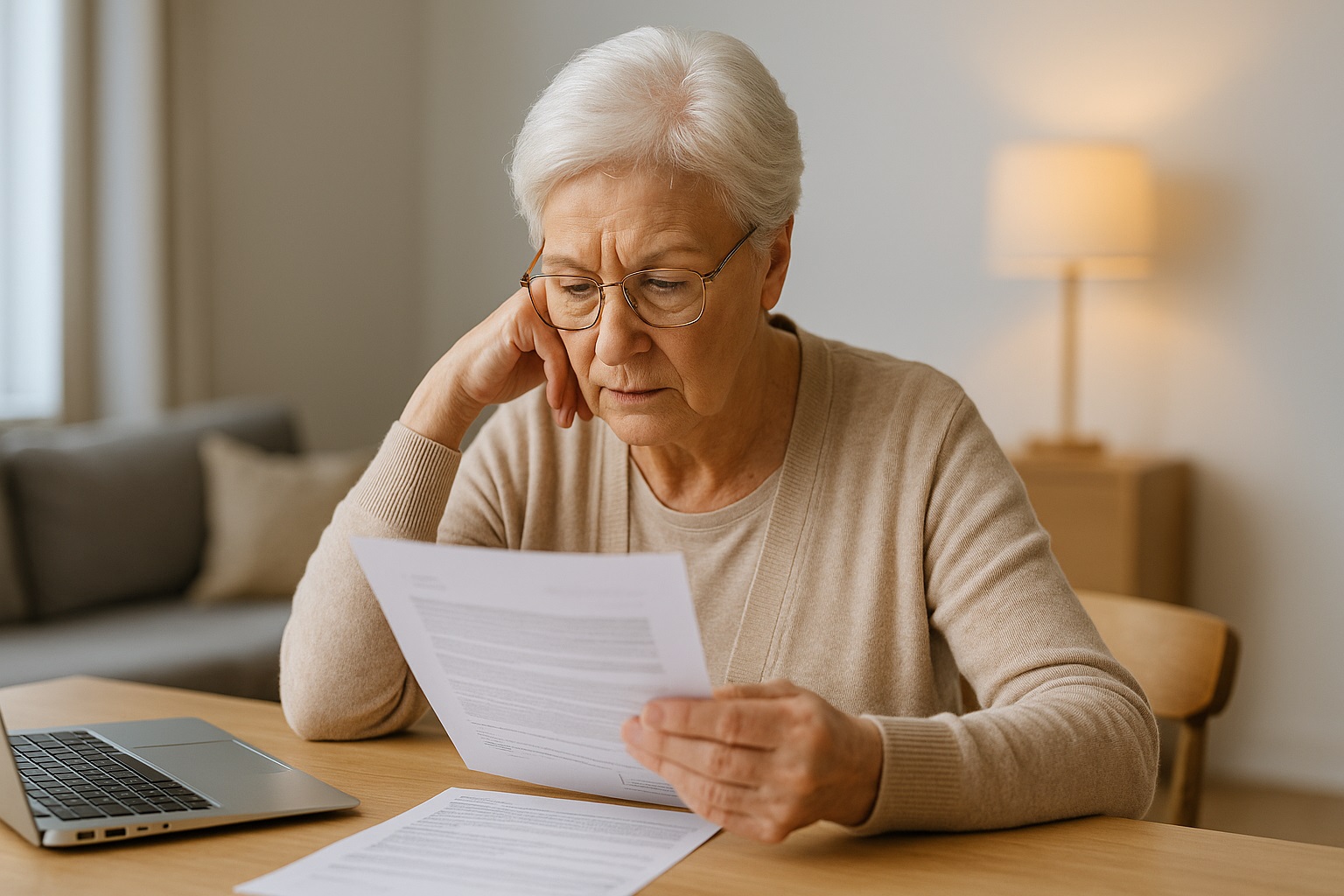 Anziana con occhiali legge documenti sulla pensione seduta al tavolo, accanto a un computer portatile