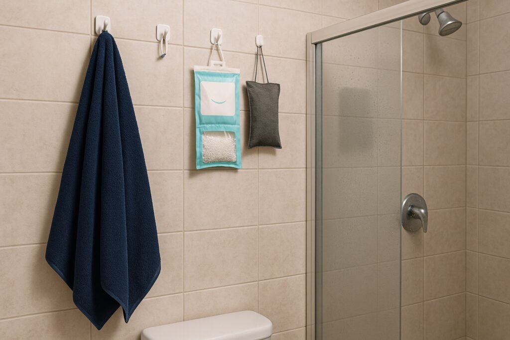 Per evitare muffa e vapore dopo la doccia, basta appendere un telo in microfibra e dei sacchetti anti-umidità come mostrato in questa immagine