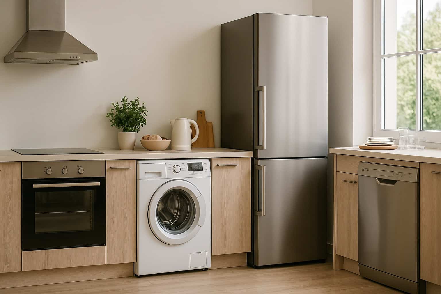 cucina moderna con frigorifero e lavatrice a basso consumo, ambiente luminoso e accogliente