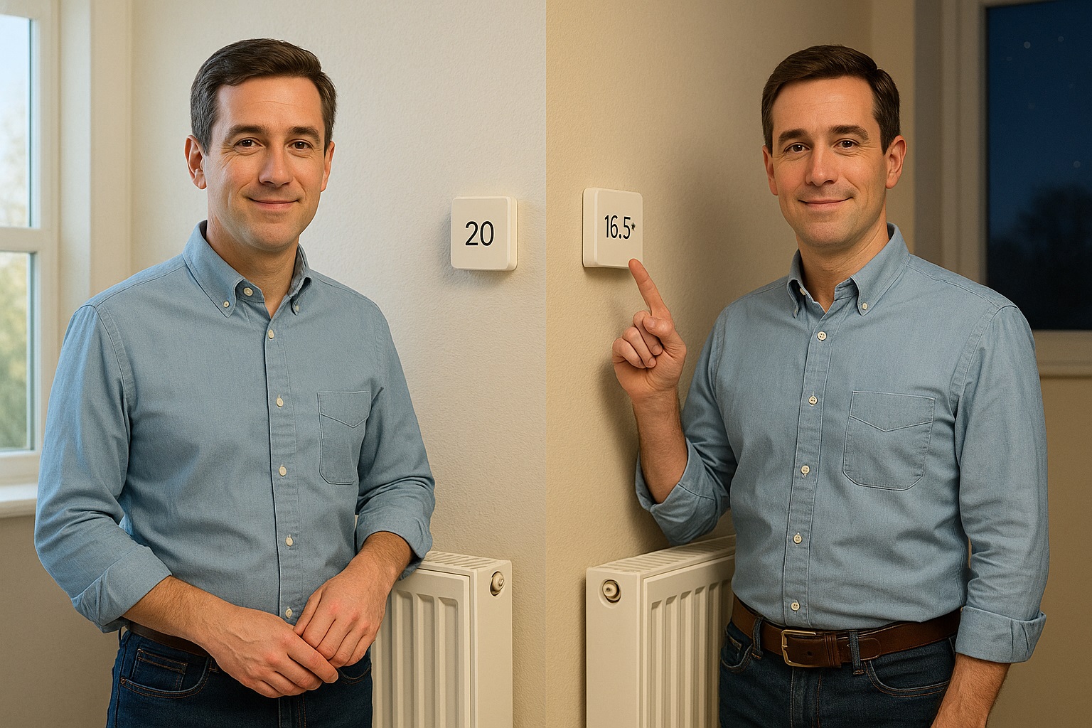 Un uomo osserva due termostati in ambienti diversi: a sinistra di giorno con 20°C, a destra di notte con 16.5°C