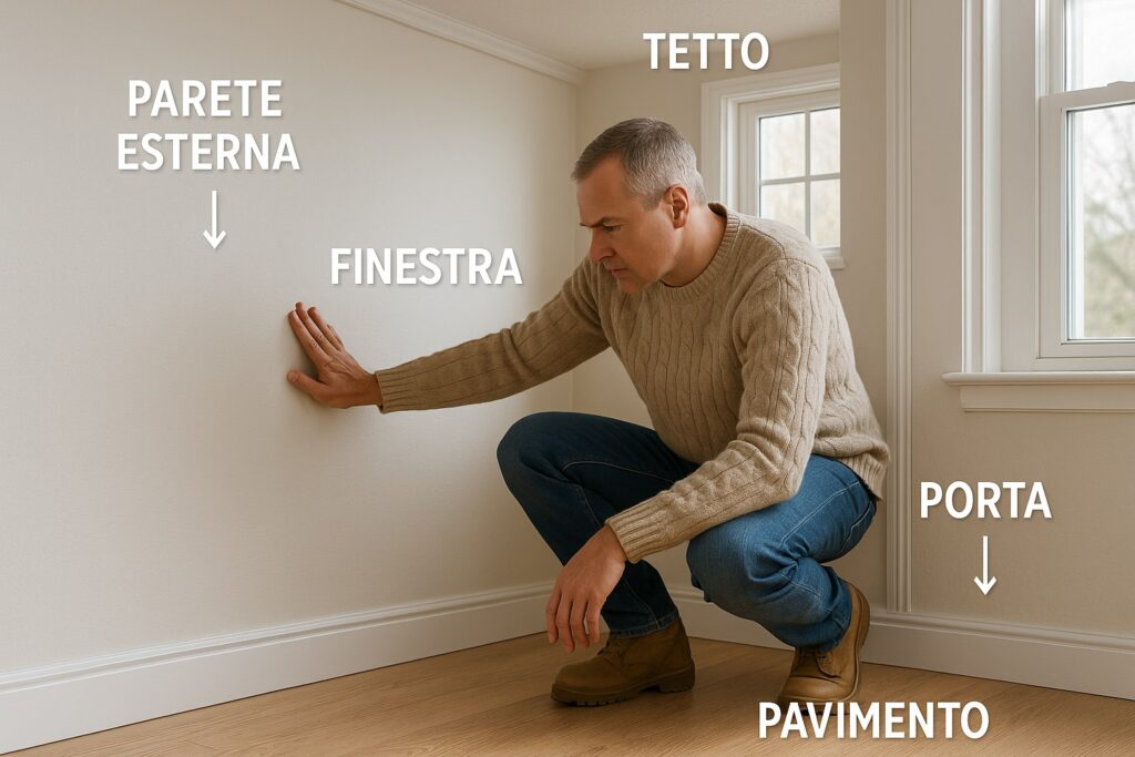 Uomo controlla pareti, pavimento e finestre per individuare dispersioni di calore in casa.