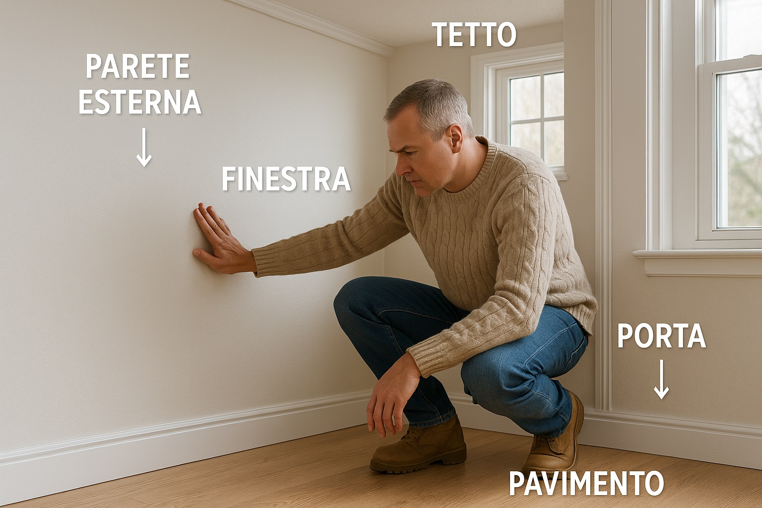 Uomo controlla pareti, pavimento e finestre per individuare dispersioni di calore in casa.