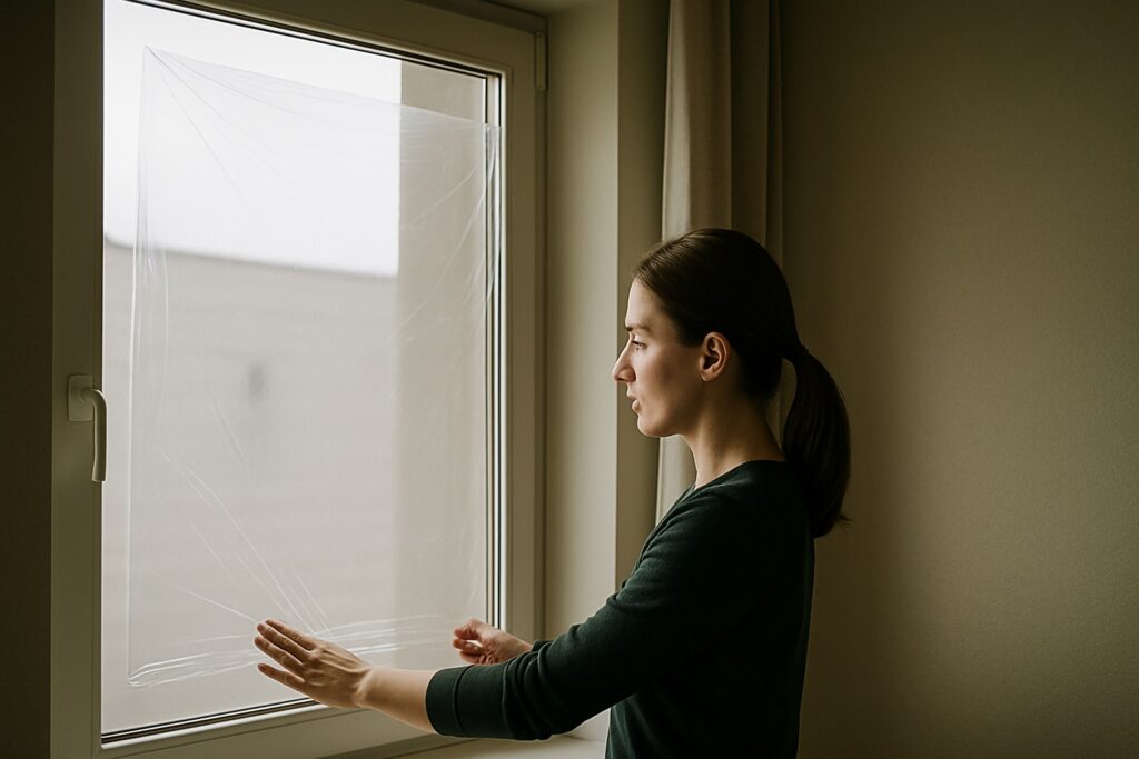 Donna che applica una pellicola trasparente su una finestra per migliorare l’isolamento termico in casa durante l’inverno