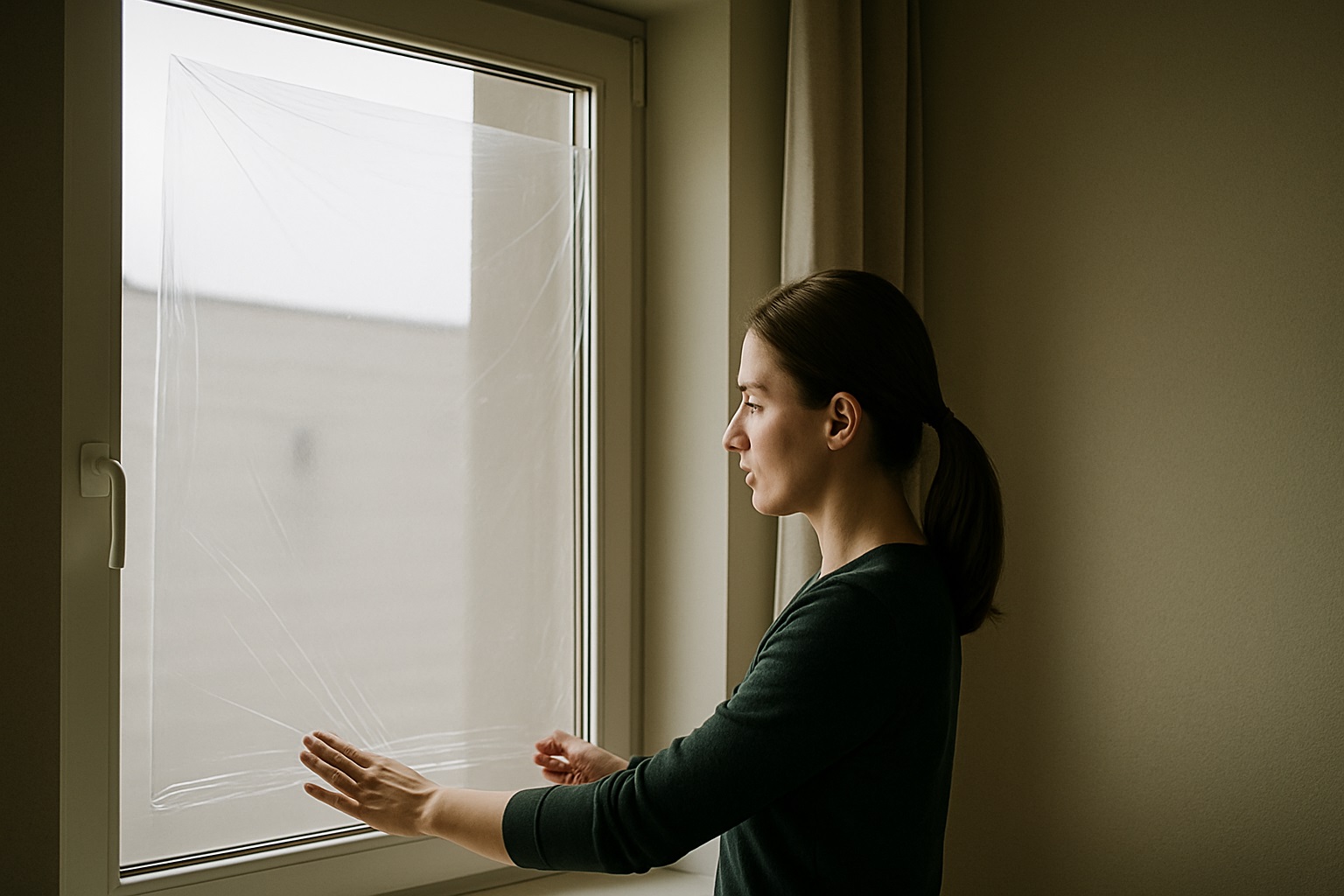 Donna che applica una pellicola trasparente su una finestra per migliorare l’isolamento termico in casa durante l’inverno