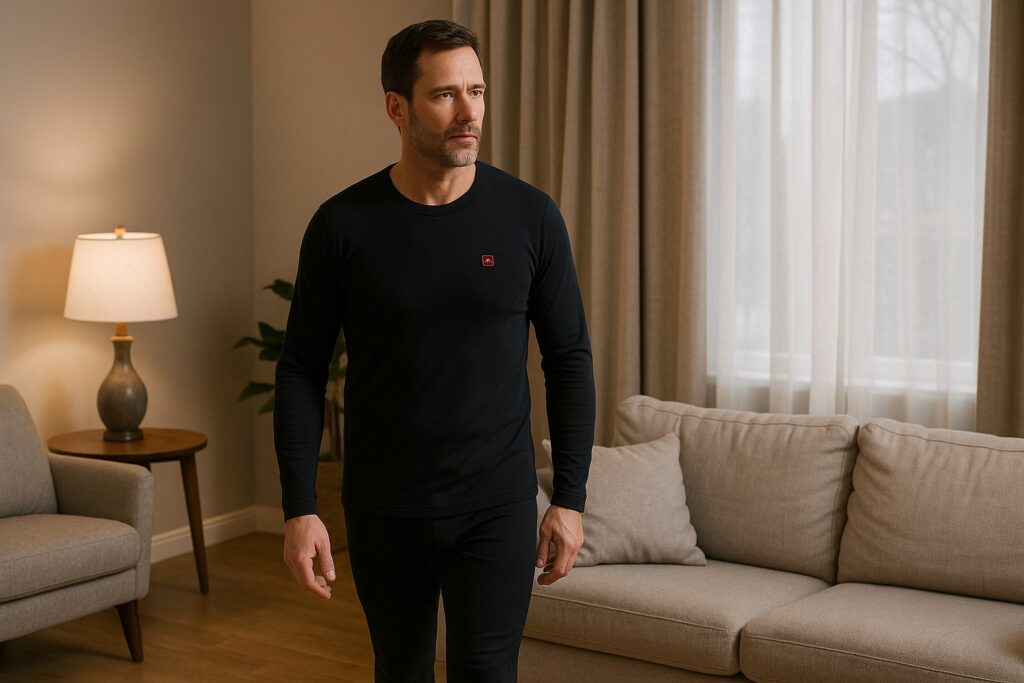 Uomo in casa con intimo termico riscaldato, in salotto riscaldato naturalmente senza termosifoni