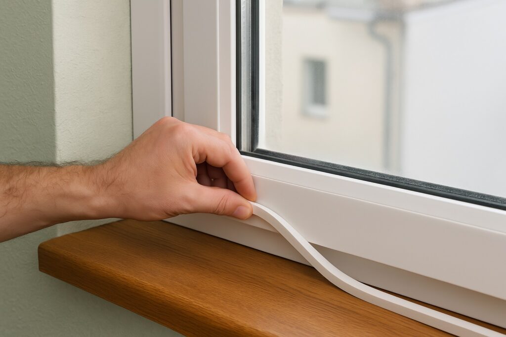 una mano che applica una guarnizione adesiva su una finestra in PVC per bloccare gli spifferi