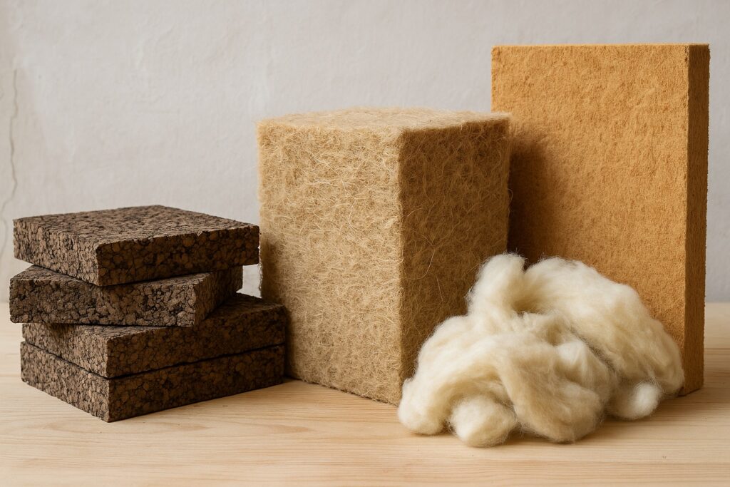 Pannelli isolanti naturali in sughero, canapa, legno e lana esposti su un tavolo di legno chiaro