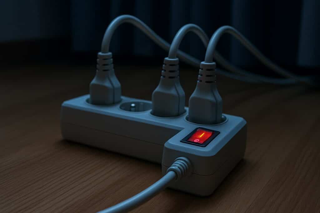 Una multipresa bianca con tre spine inserite e interruttore rosso acceso, poggiata su un pavimento in legno in una stanza poco illuminata