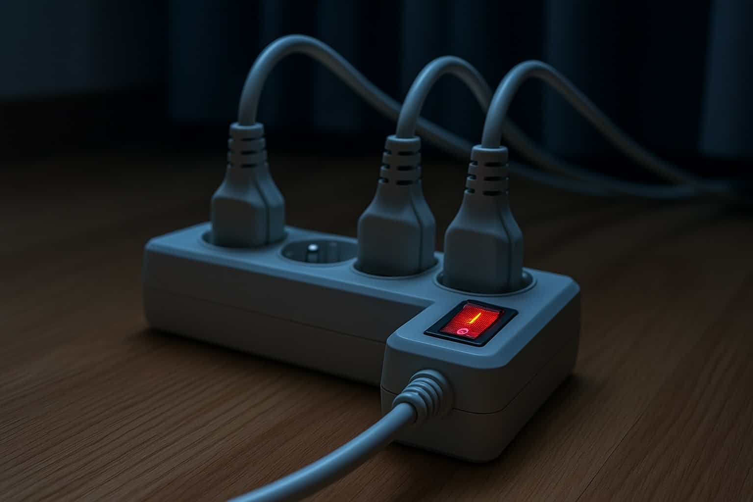 Una multipresa bianca con tre spine inserite e interruttore rosso acceso, poggiata su un pavimento in legno in una stanza poco illuminata