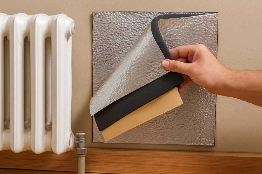 Mano che applica un pannello termico adesivo dietro a un termosifone per migliorare l’isolamento