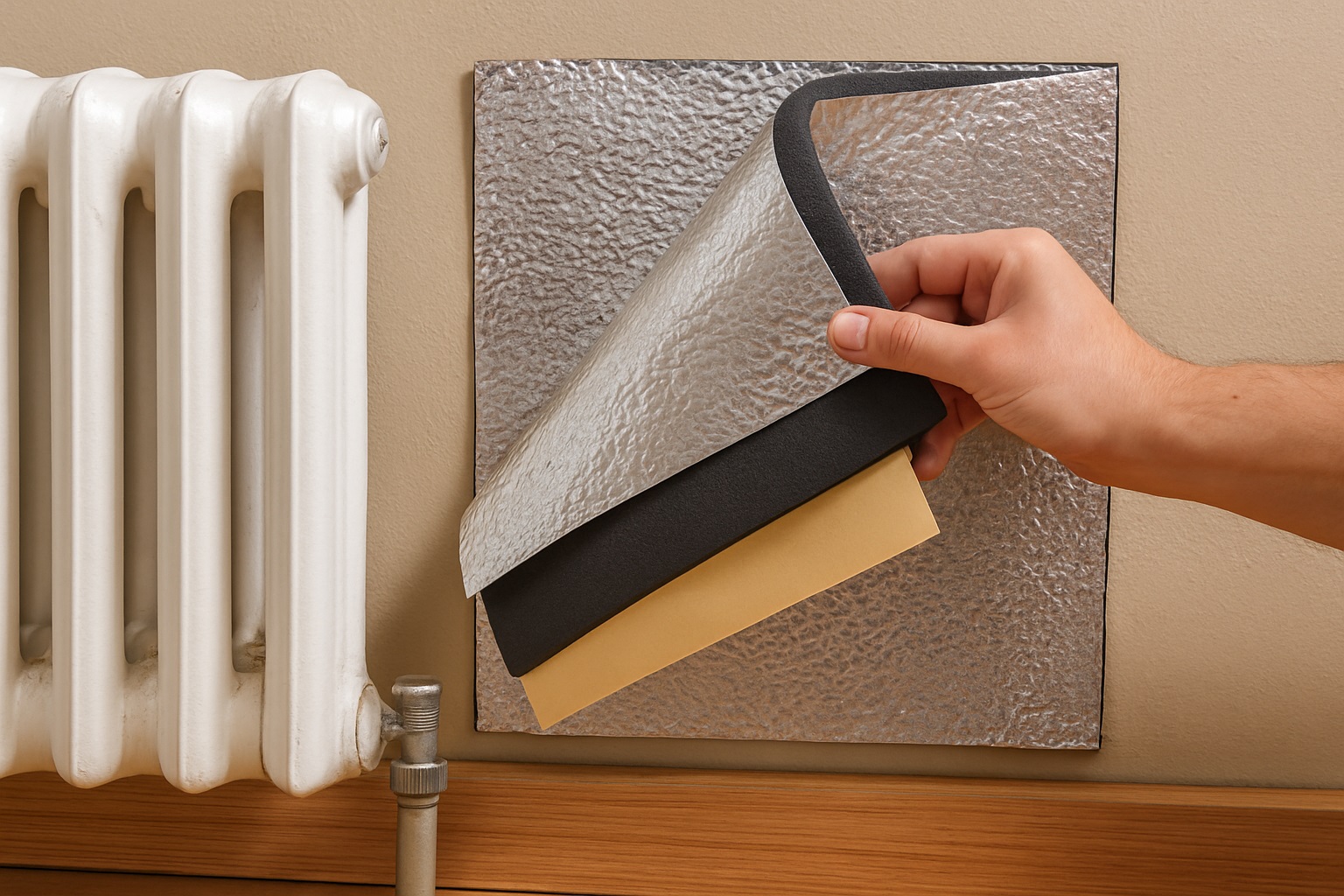 Mano che applica un pannello termico adesivo dietro a un termosifone per migliorare l’isolamento