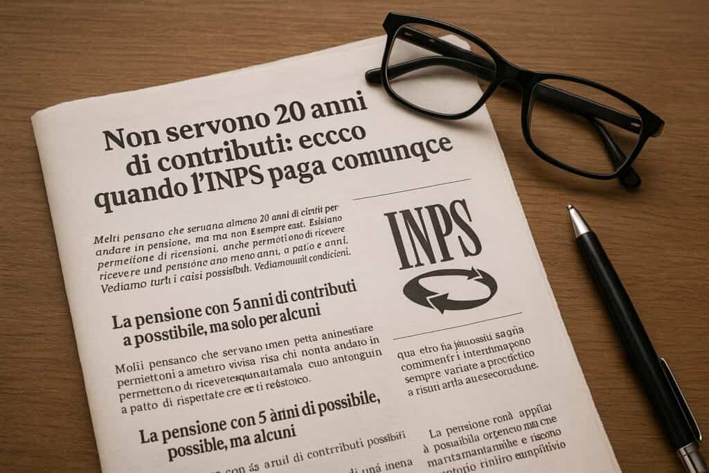 Giornale italiano su un tavolo con titolo “Non servono 20 anni di contributi