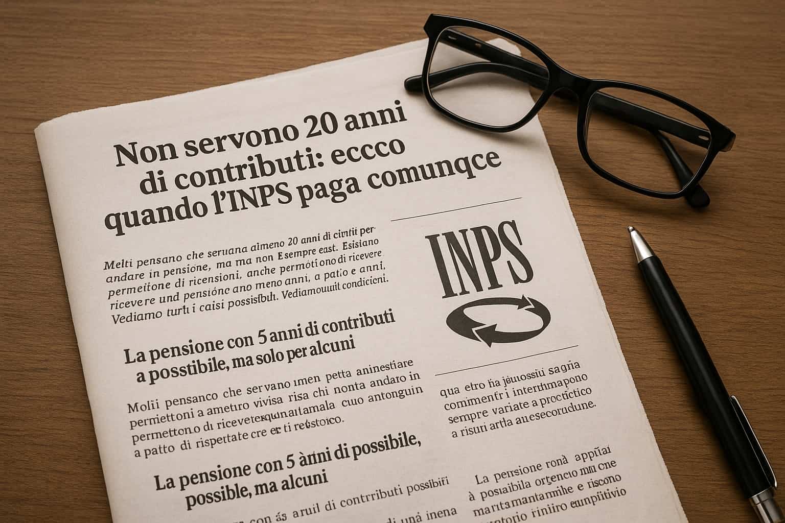 Giornale italiano su un tavolo con titolo “Non servono 20 anni di contributi