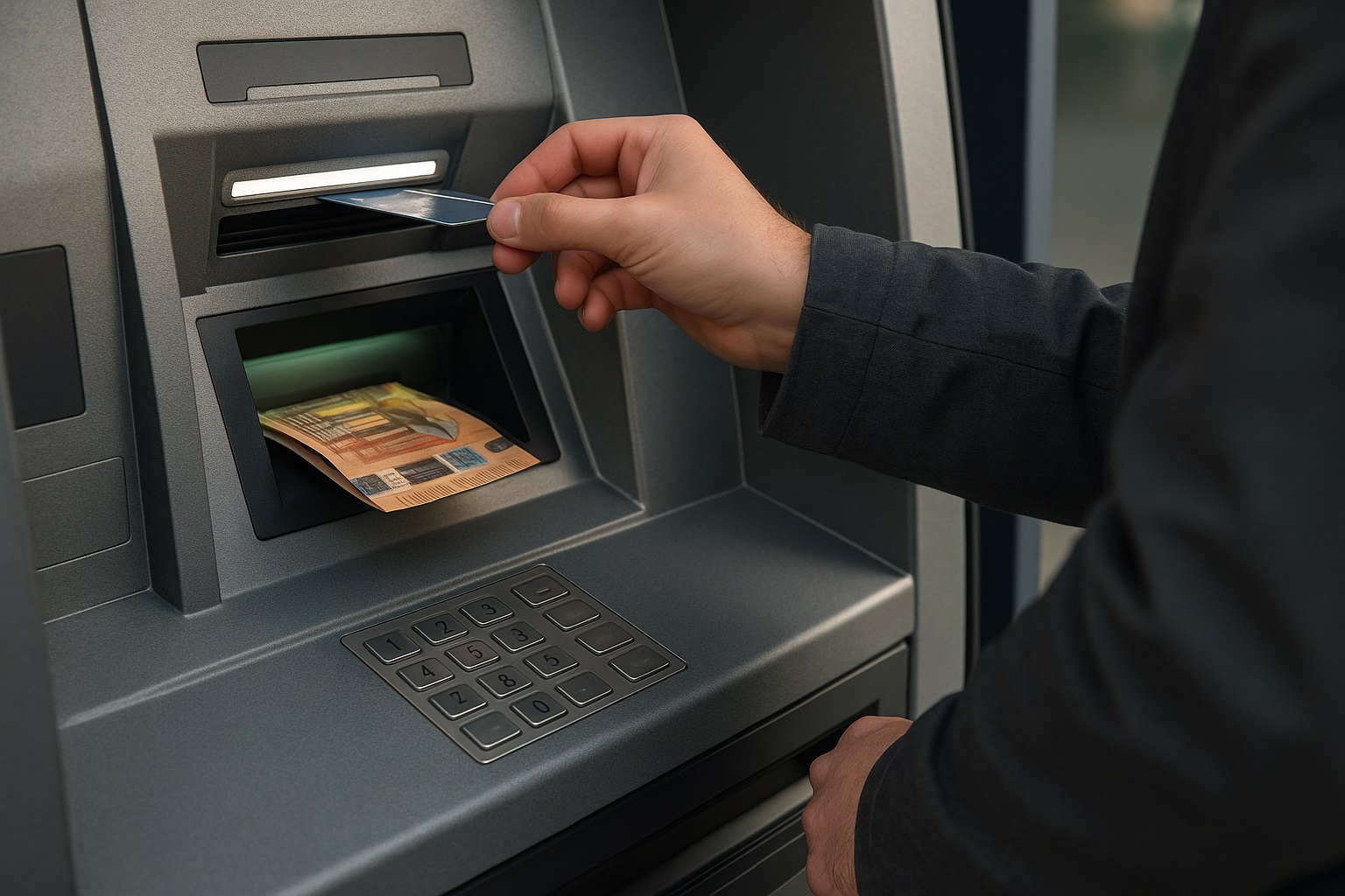 Persona che preleva denaro da un bancomat moderno, con primo piano sulla mano che inserisce la carta e sportello illuminato.